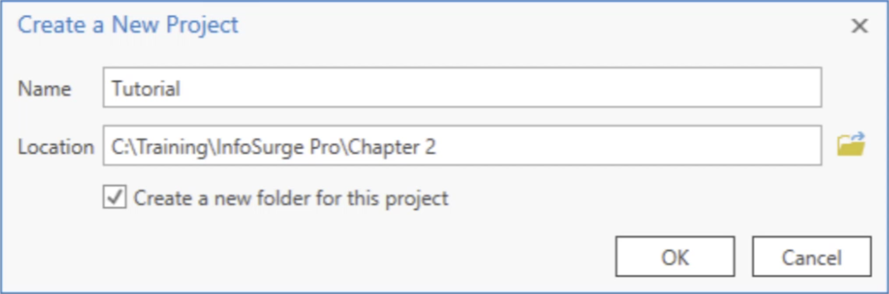 The Create a New Project dialog box, with the Name and Location entered for this example.