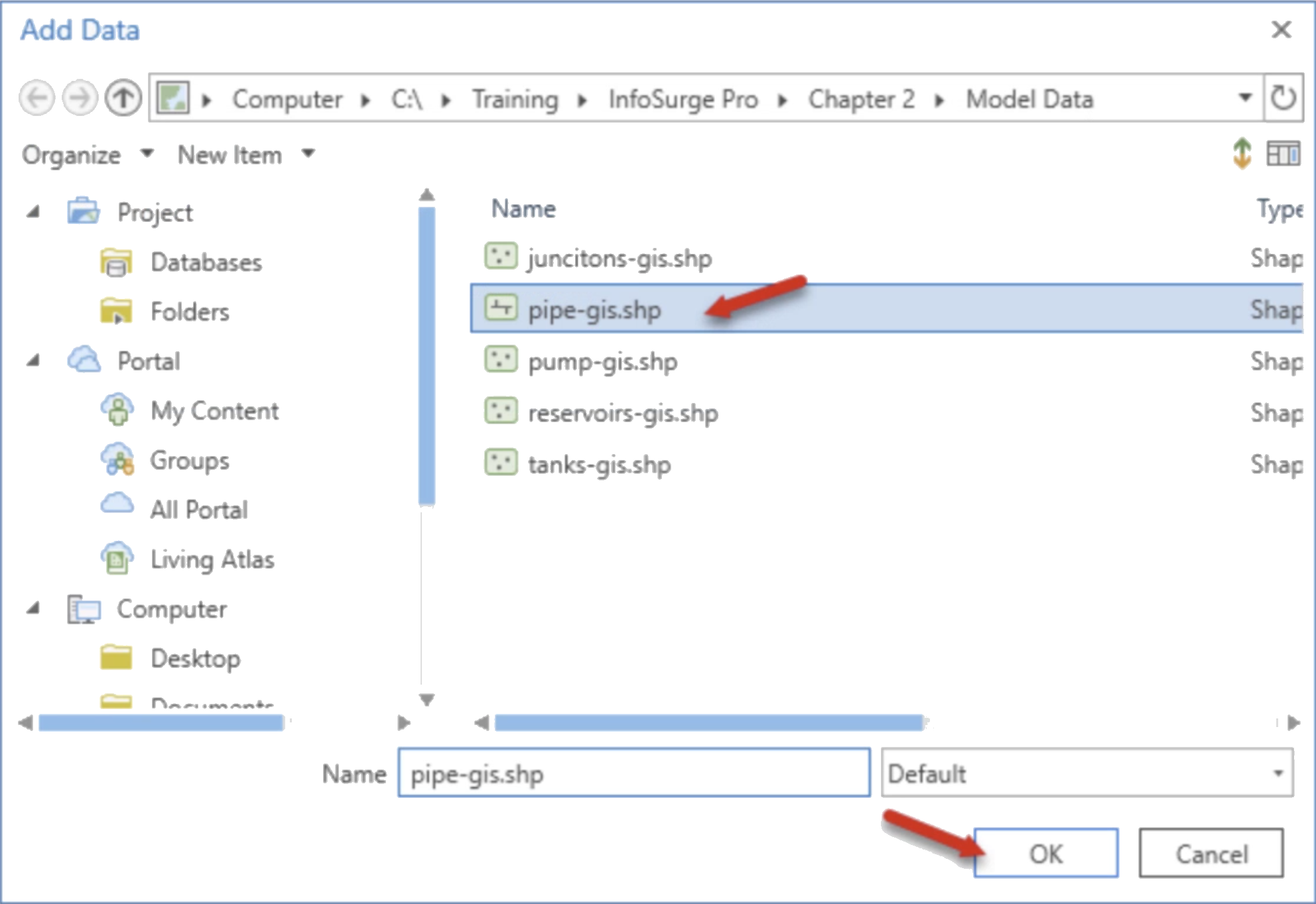 In the Add Data dialog box, the data file for this example selected and called out with a red arrow, and the OK button also called out with a red arrow.