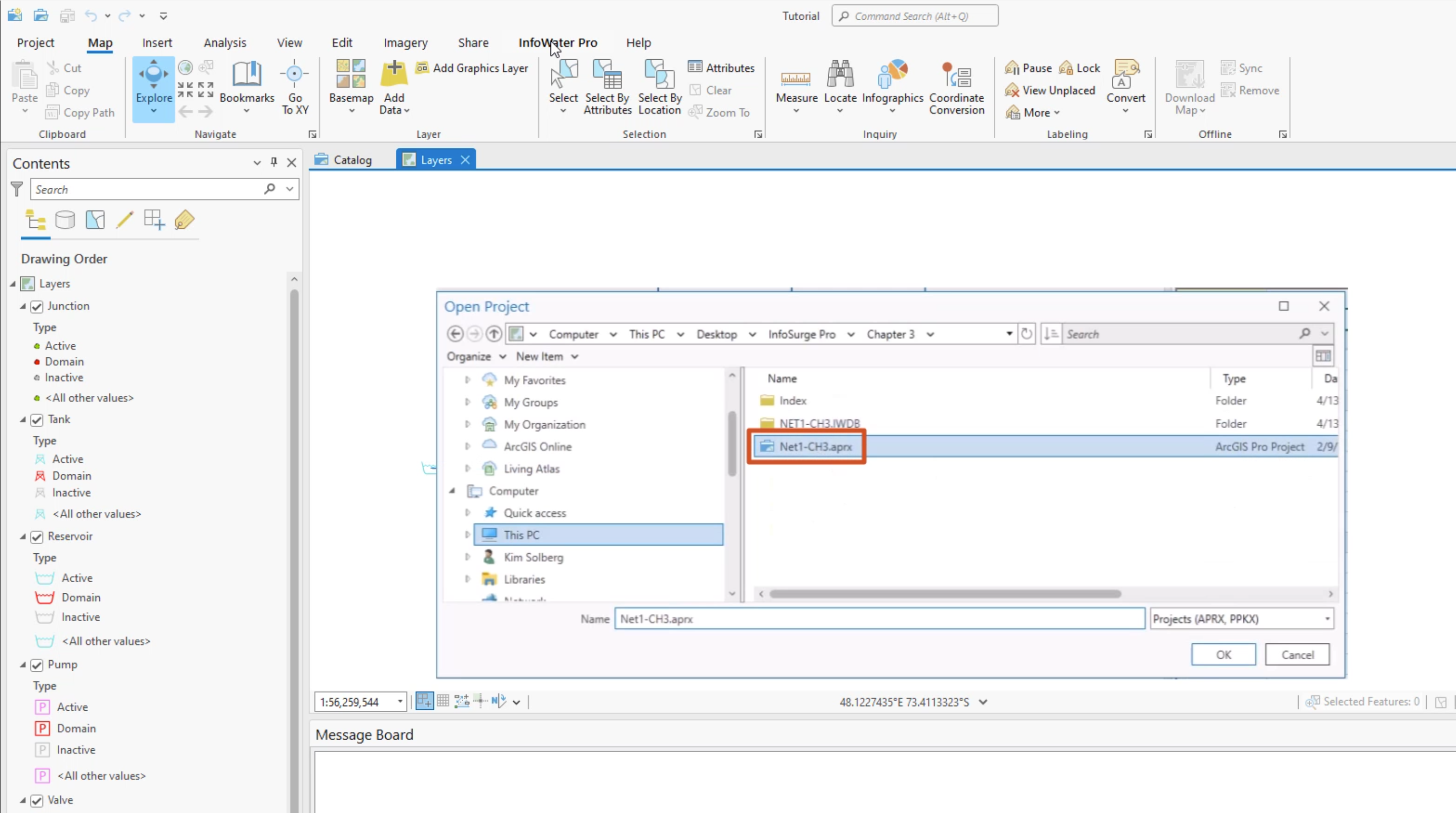 In the ArcGIS Pro interface, the Open Project dialog box, with an InfoSurge project file (.aprx) highlighted in red.