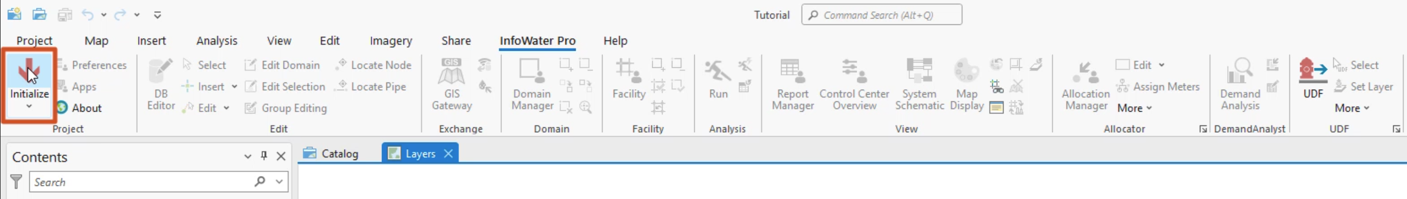 The InfoWater Pro ribbon, with the Initialize button selected and highlighted in red.