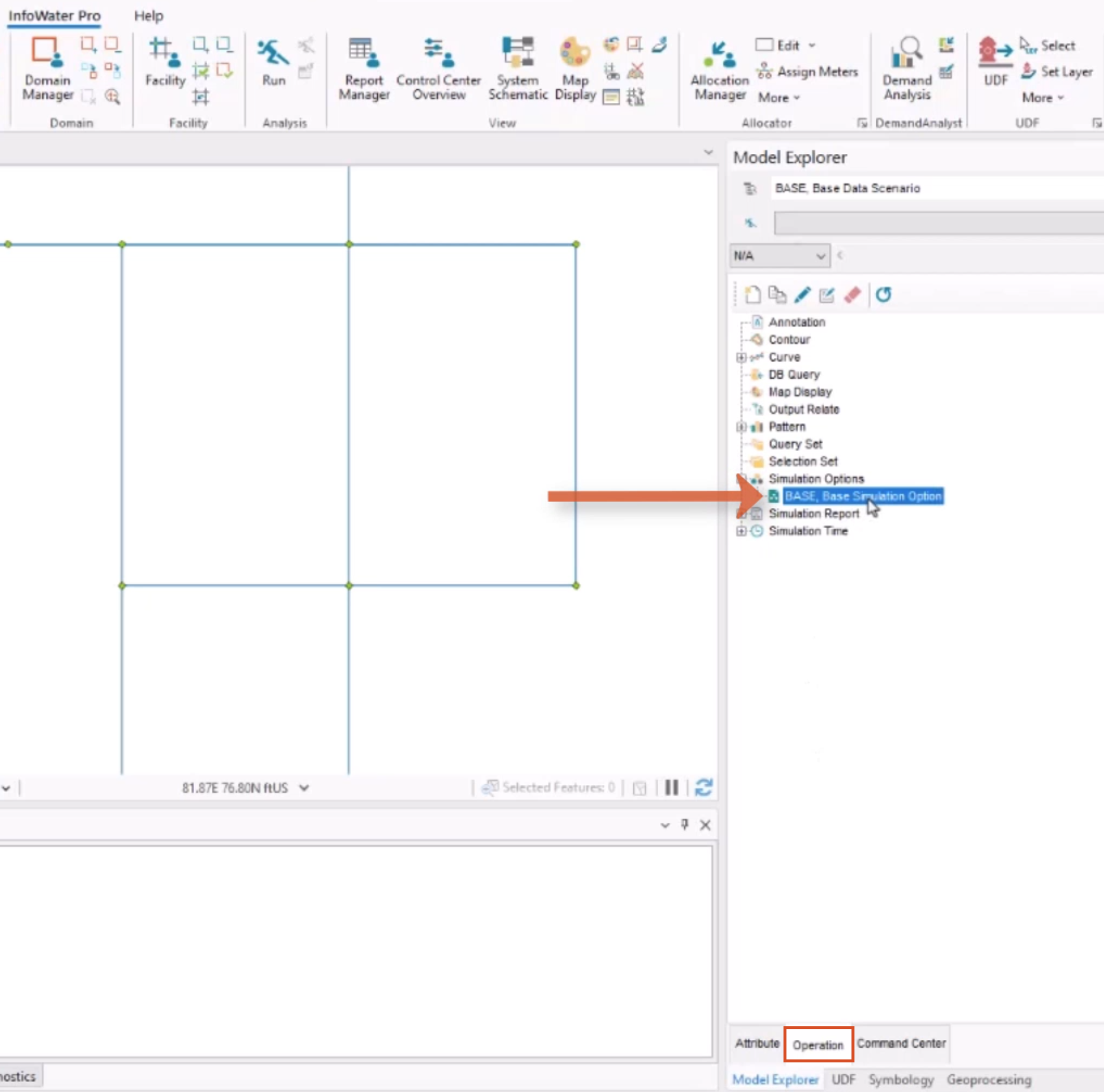 In the ArcGIS interface with InfoWater Pro initialized, in the Model Explorer, the Operation tab highlighted in red, and Simulation Options expanded with BASE Simulation Options selected and called out.