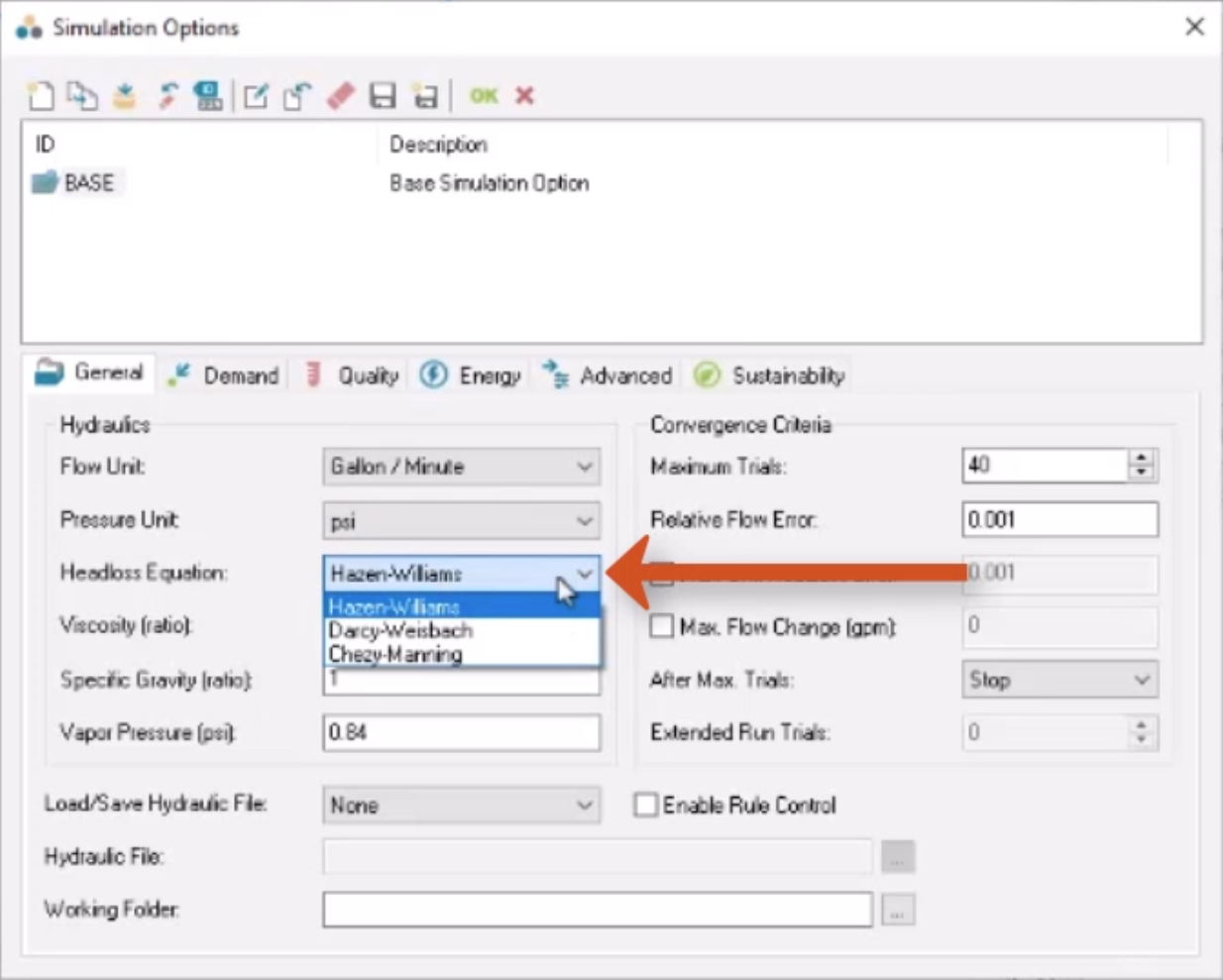 The Simulation Options dialog box, General tab, with the Flow Unit and Pressure Unit set for this example, and in the open Headloss Equation drop-down, Hazen-Williams selected and called out.