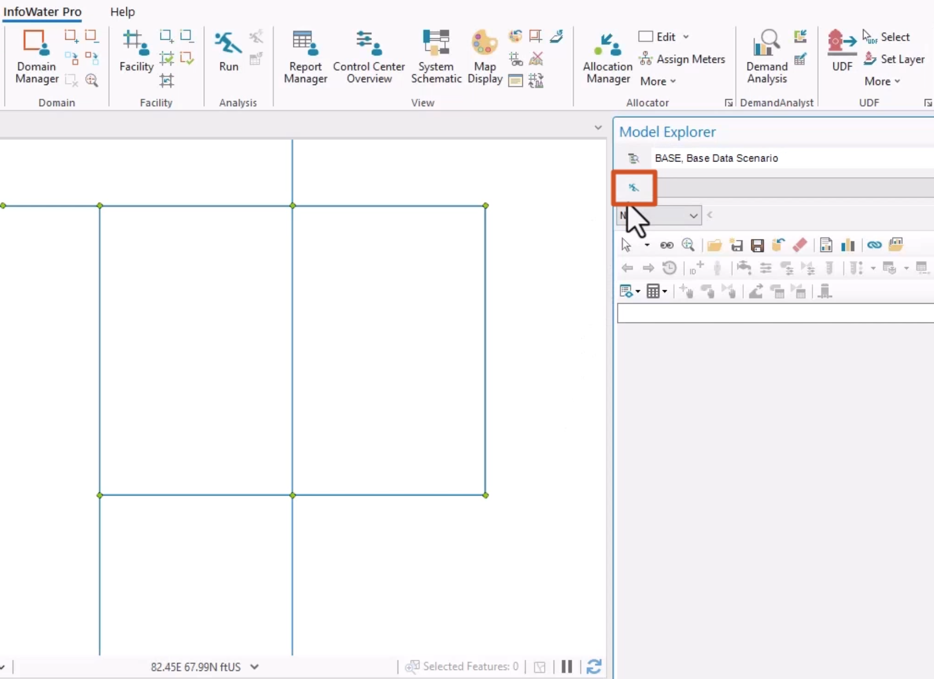 In the ArcGIS interface with InfoWater Pro initialized, in the Model Explorer, the Run Manager button being selected and highlighted in red.