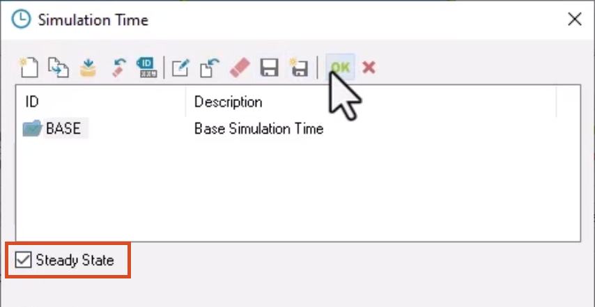 The Simulation Time dialog box with the Steady State option enabled and highlighted in red, and OK selected.