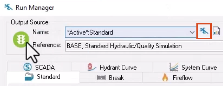 The Run Manager dialog box, with the Run icon highlighted in red and the status indicator green to indicate successful completion.