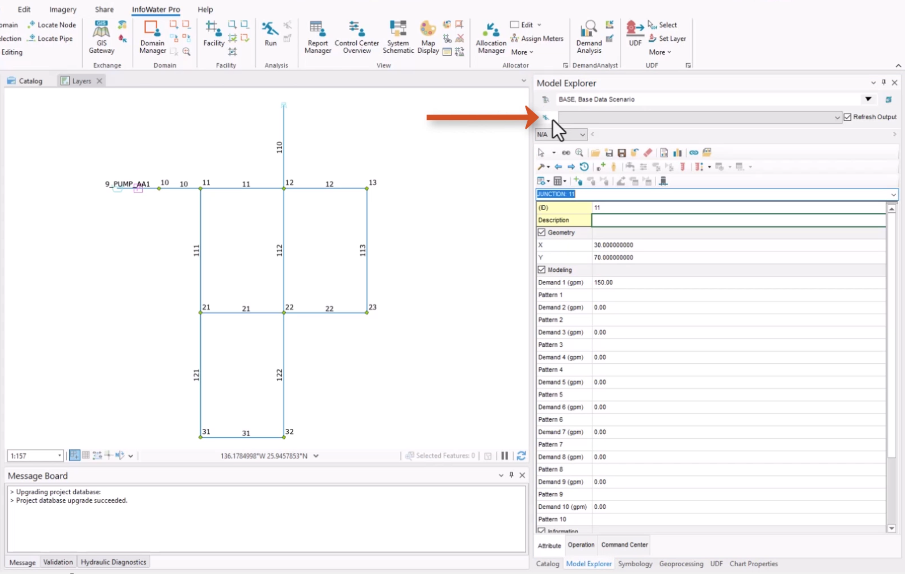 In the ArcGIS Pro interface, with InfoWater initialized, Run selected and called out in the Model Explorer.