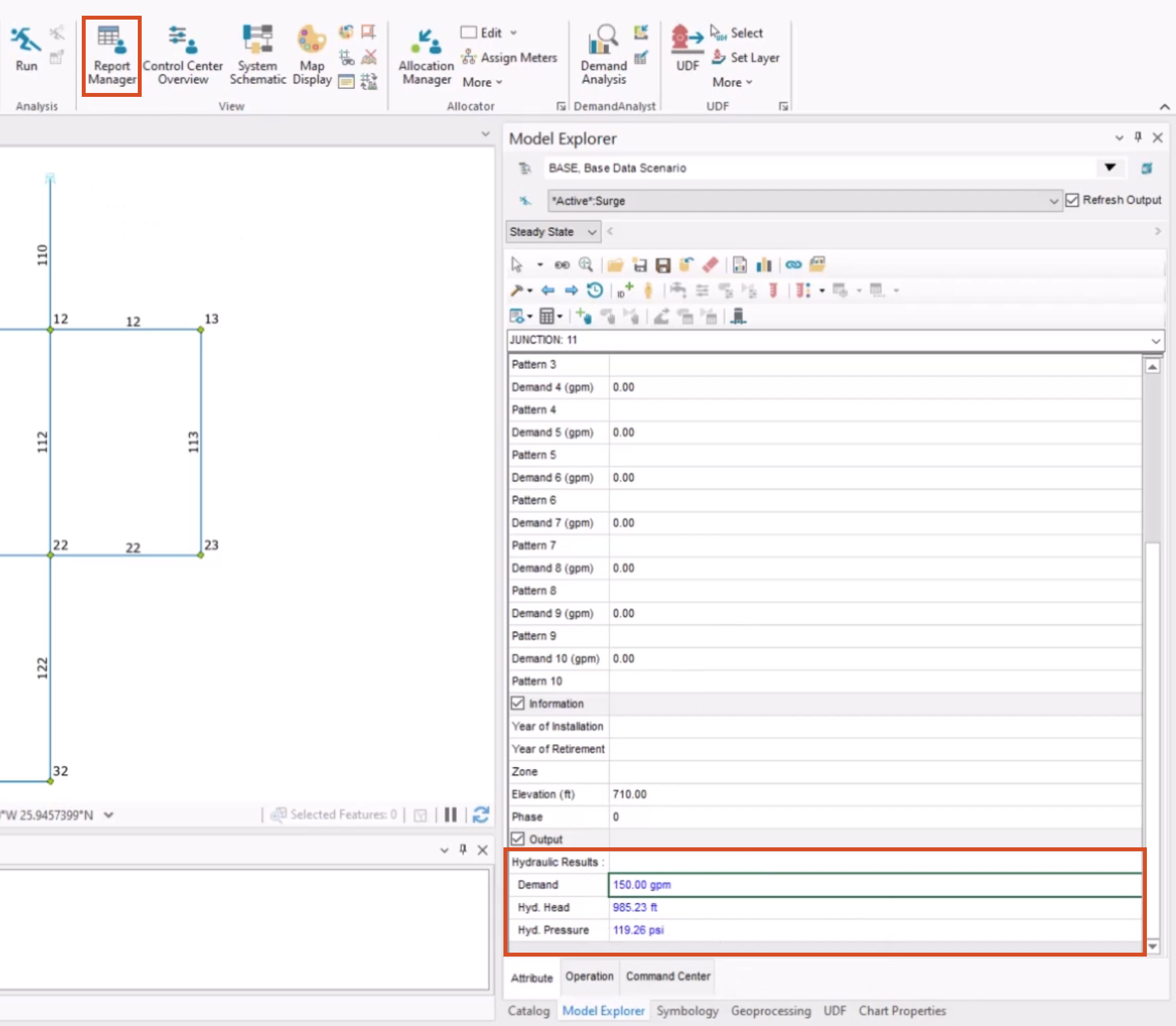 In the Model Explorer, the Hydraulic Results highlighted in red, and in the ribbon, Report Manager highlighted in red.