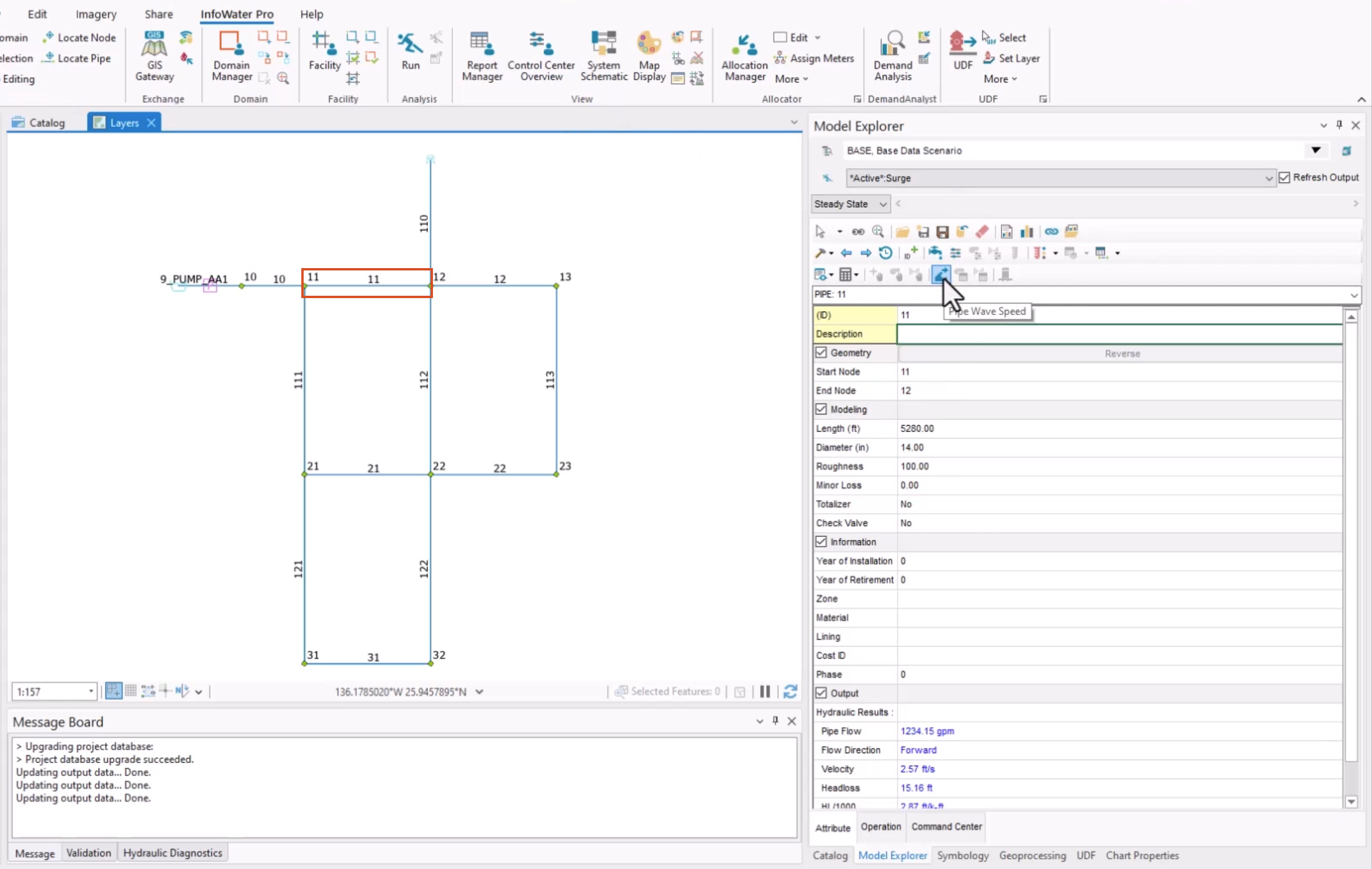 In the ArcGIS interface, with InfoWater Pro initialized, pipe 11 highlighted on the map, and in the Model Explorer, the Pipe Wave Speed button selected.