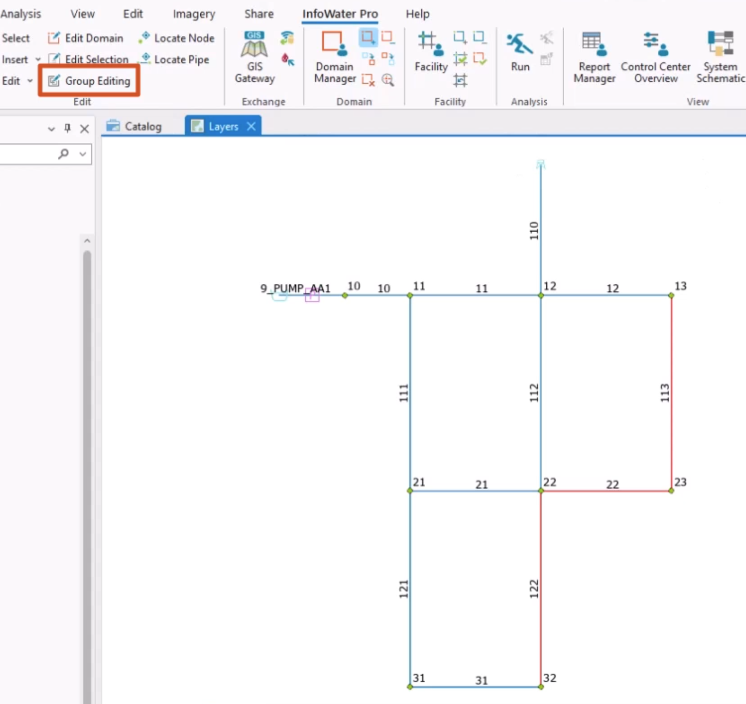 In the map, several pipes selected for this example, and in the ribbon, Edit panel, Group Editing highlighted in red.