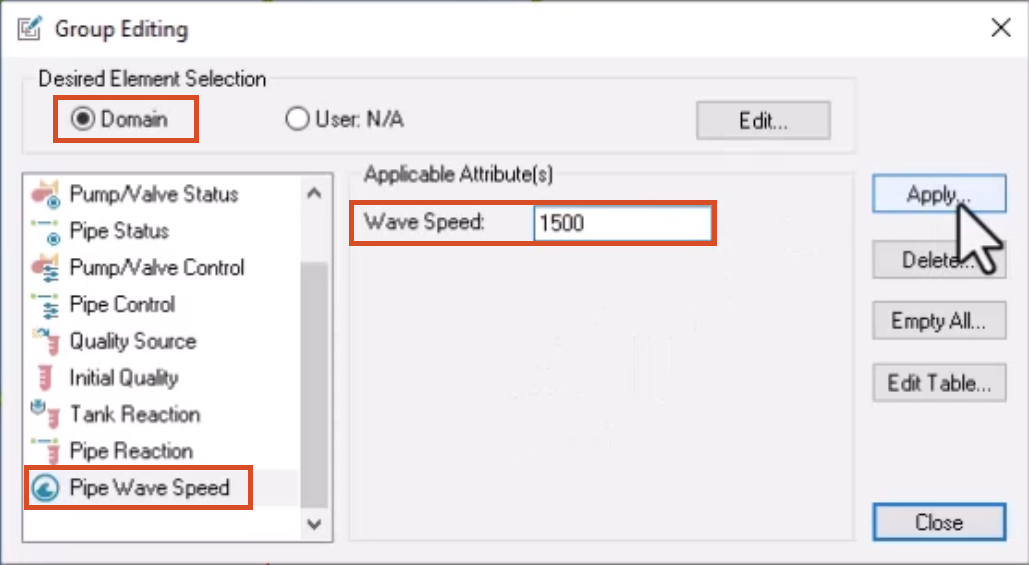 The Group Editing dialog box, with settings for this example configured and highlighted in red, and Apply selected.