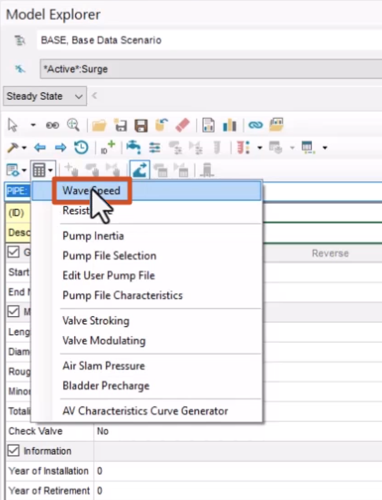 In the Model Explorer, the Auxiliary Calculator drop-down with Wave Speed selected and highlighted in red.