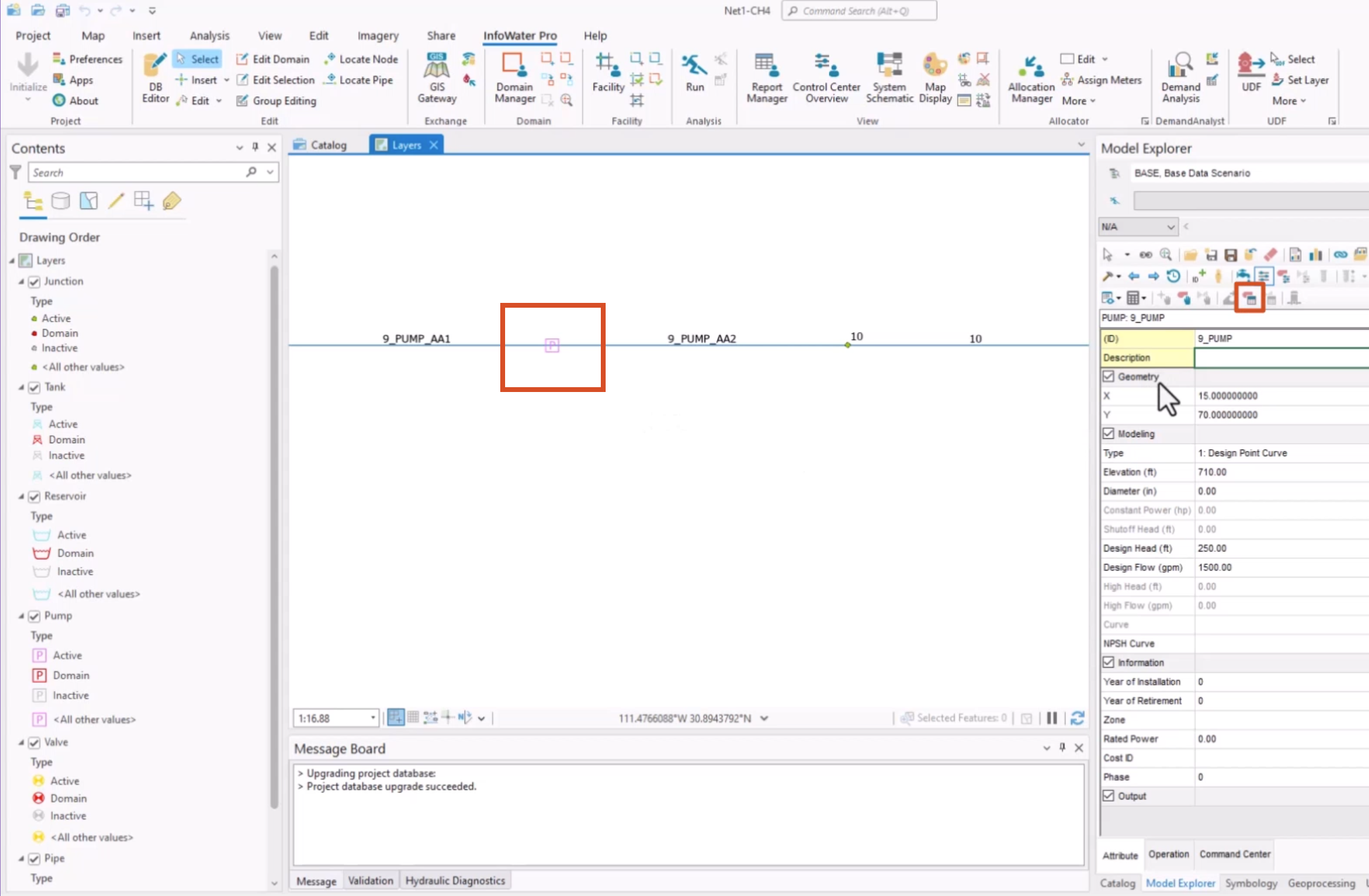 The ArcGIS interface, with InfoWater Pro initialized, the pump with ID 9_PUMP highlighted in red in the model, and in the Model Explorer, the Pump Surge Data button also highlighted in red.