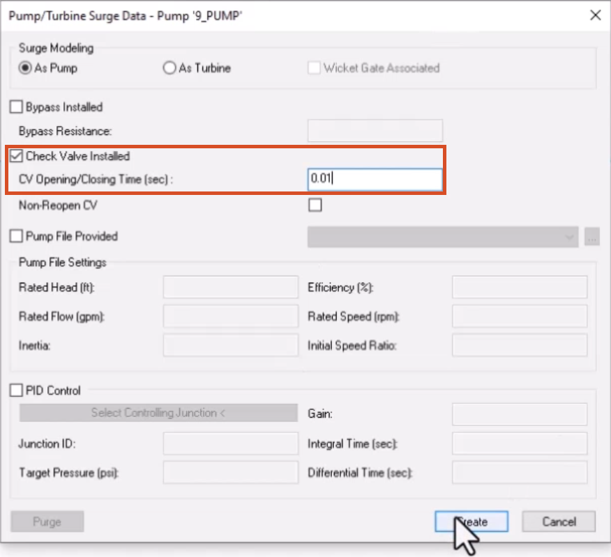 The Pump/Turbine Surge Data dialog box, with pump settings configured for this example, and Create selected.