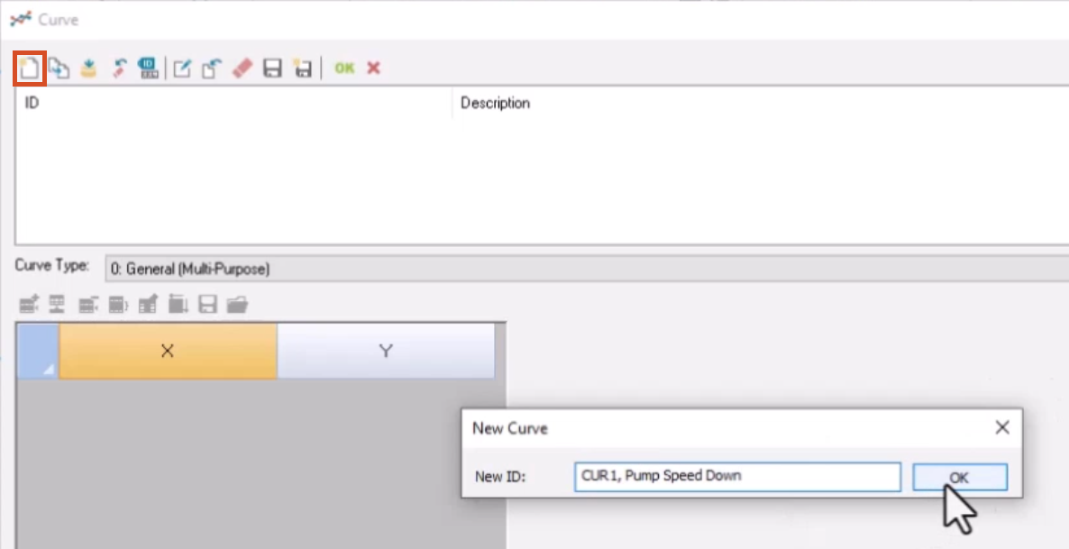 The Curve dialog box, with the New button highlighted in red, and in the New Curve popup, a New ID is entered, and OK is being selected.