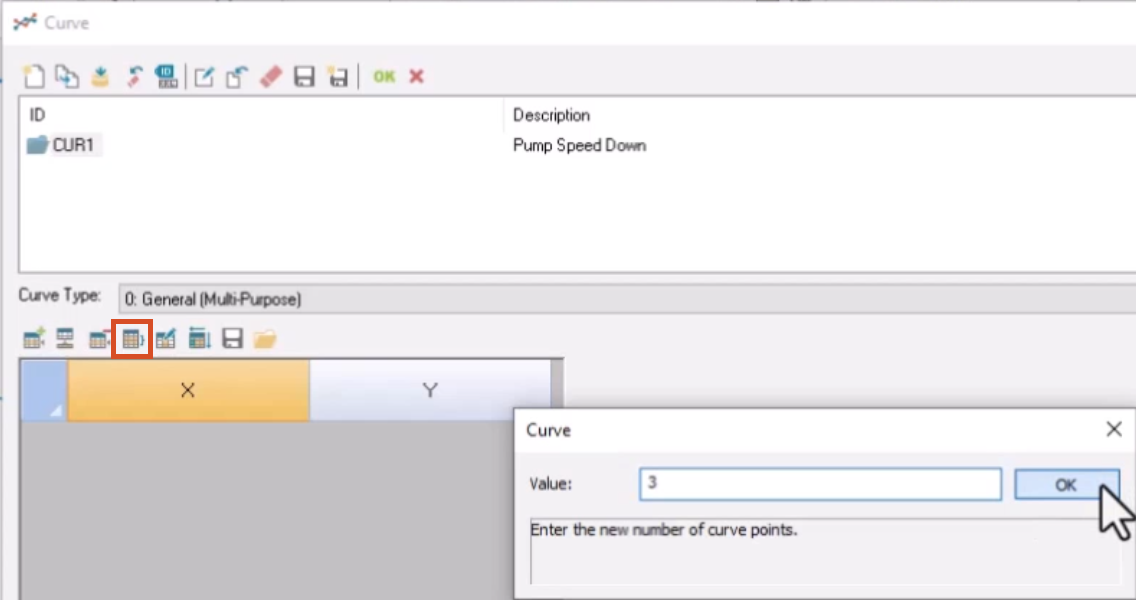 In the Curve dialog box, the Set Rows button highlighted in red, and in the Curve popup, a value of 3 is entered, and OK is being selected.