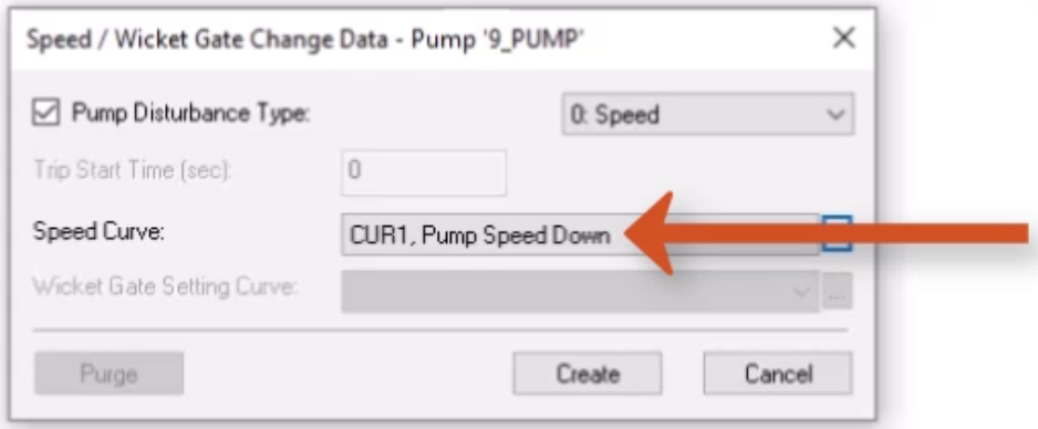 In the Speed/Wicket Gate Change Data dialog box, the name of the new curve in the Speed Curve drop-down is called out with a red arrow.