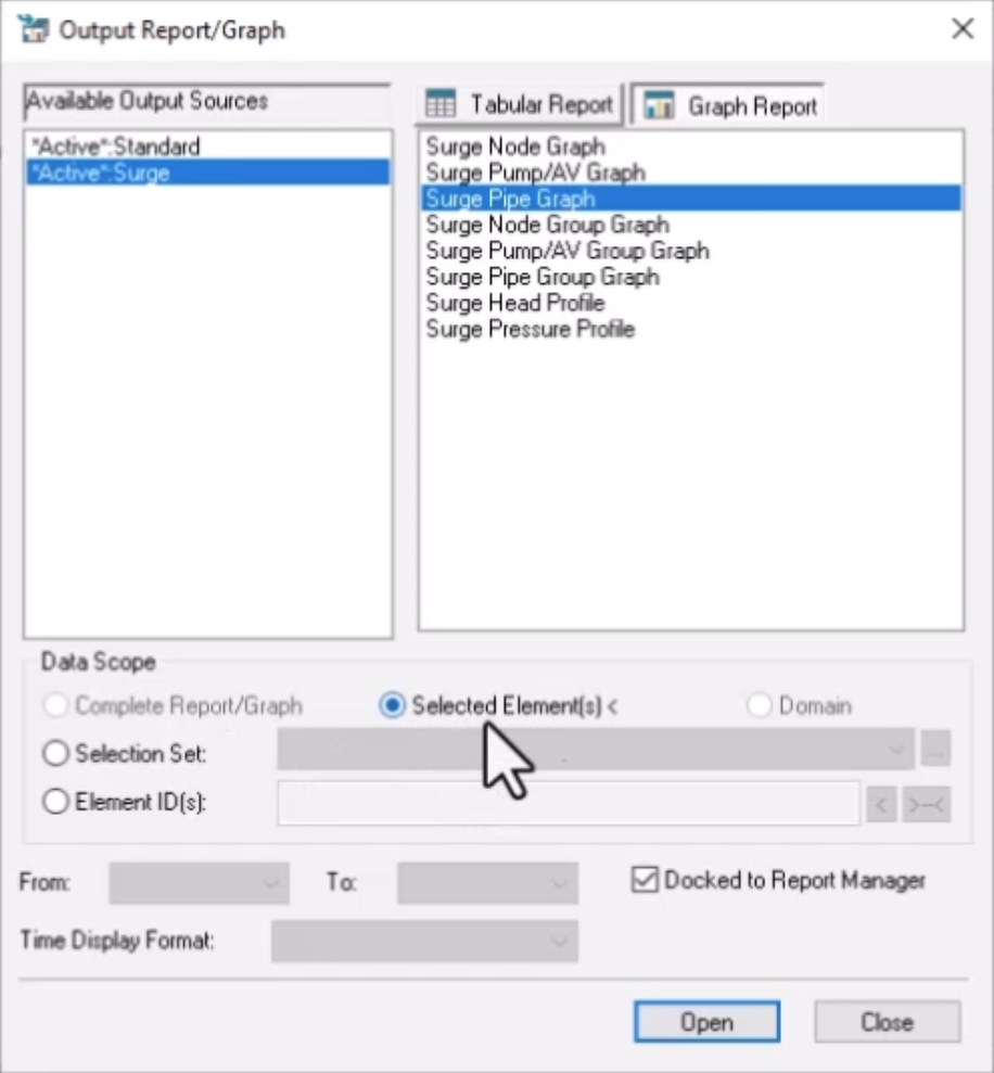 The Output Report/Graph dialog box, with *Active*.Surge and Surge Pipe Graph selected, and under Data Scope, Selected Element(s) enabled.