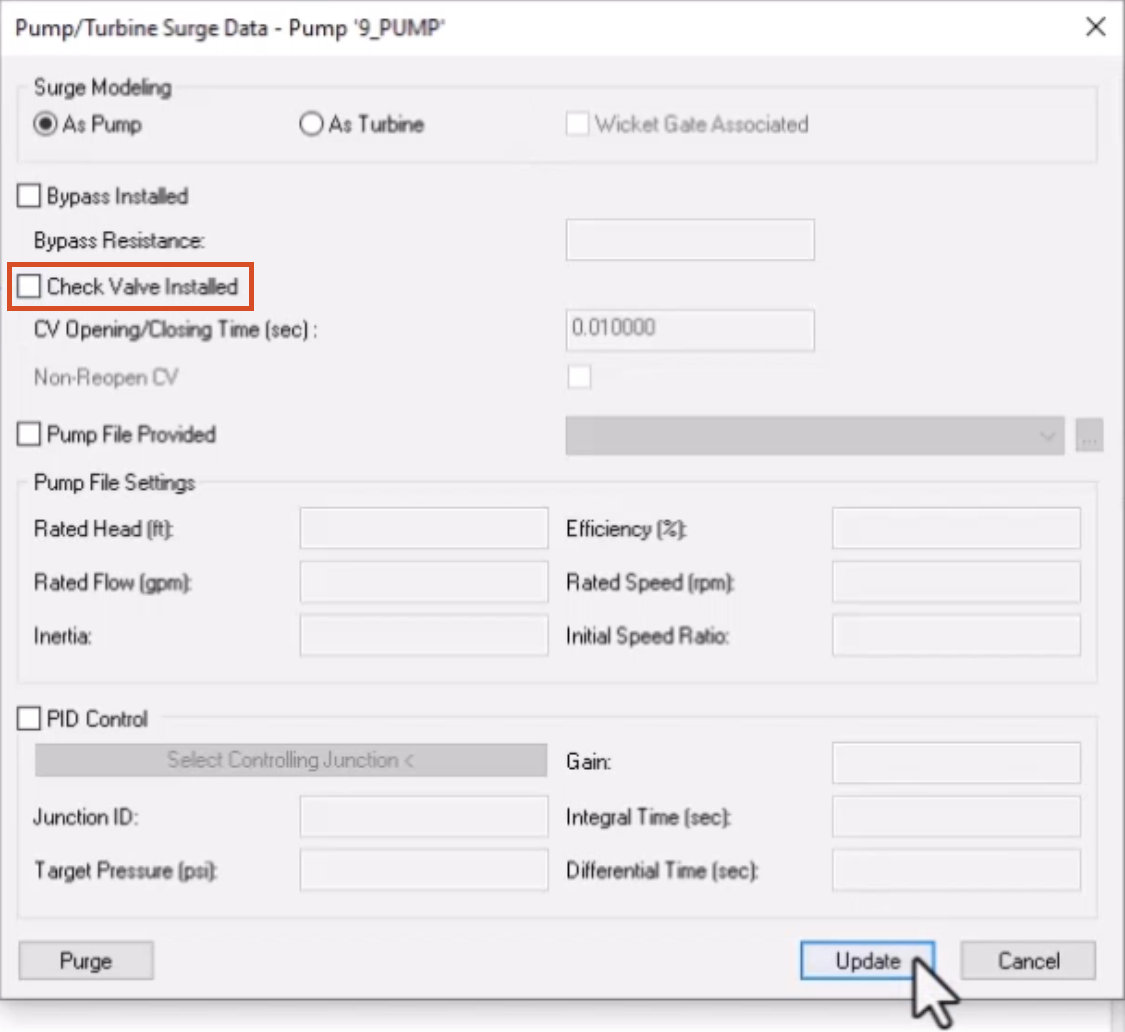 The Pump/Turbine Surge Data dialog box, with the Check Valve Installed option disabled and highlighted in red, and Update selected.