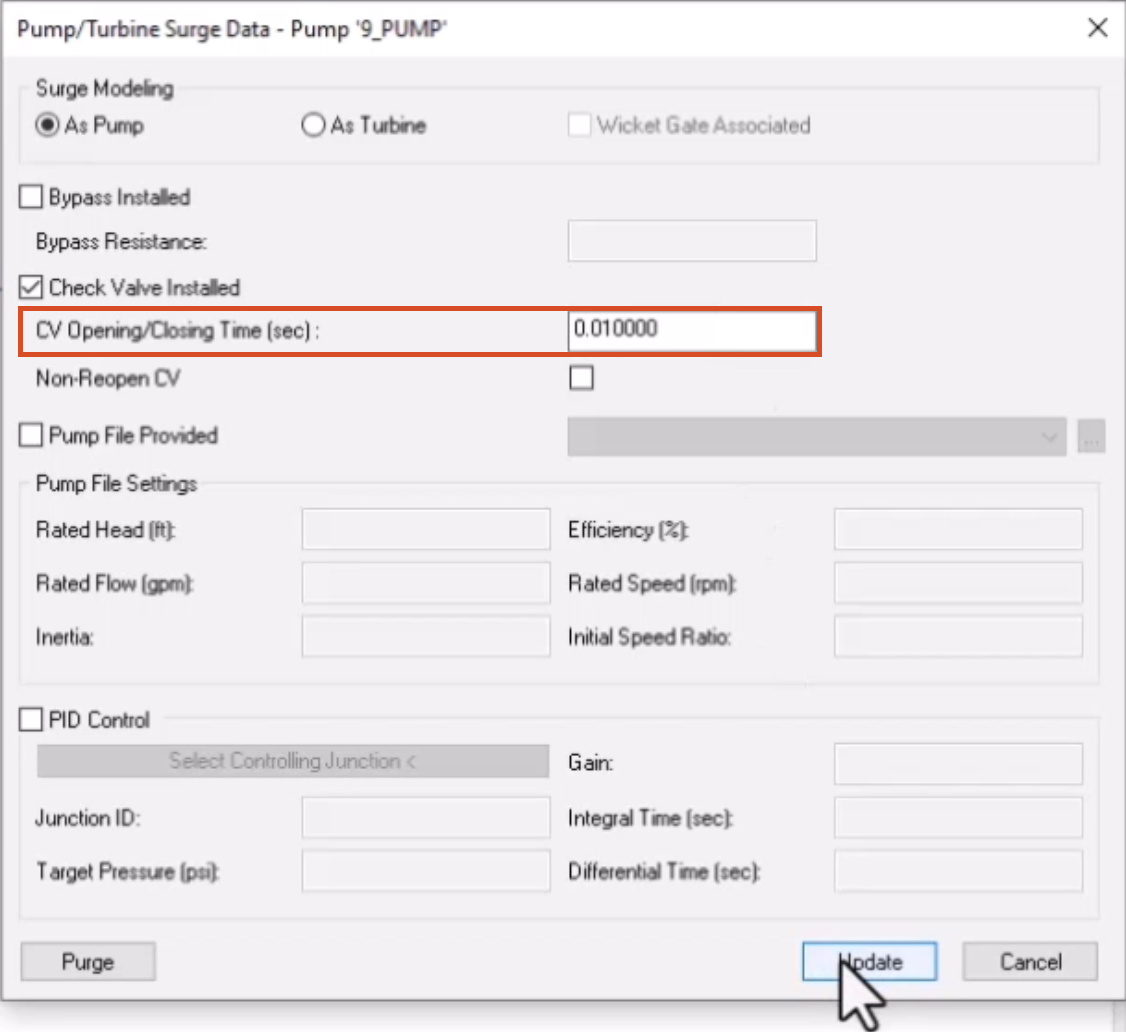 The Pump/Turbine Surge Data dialog box, with Check Valve Installed enabled, the previously entered CV Opening/Closing Time highlighted in red, and Update selected.