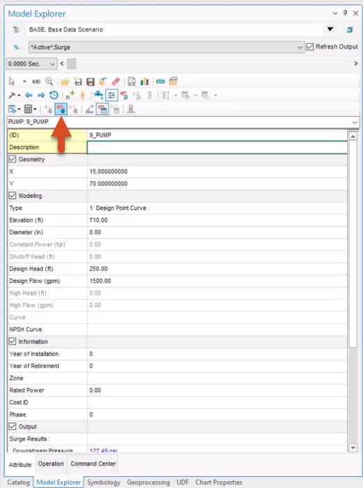 In the Model Explorer, InfoSurge toolbar, Pump Operation Change selected and called out.