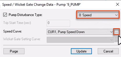 The Speed/Wicket Gate Change Data dialog box, with the disturbance type set to 0: Speed and highlighted in red, and next to the Speed Curve drop-down, the Browse (…) button selected and highlighted.