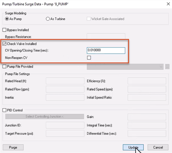 In the Pump/Turbine Surge Data dialog box, the check valve settings for this example configured and highlighted in red, with Update selected.