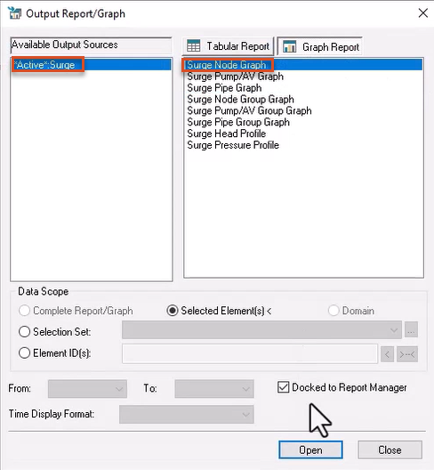 The Output Report/Graph dialog box, with *Active*.Surge and Surge Node Graph selected and highlighted in red.