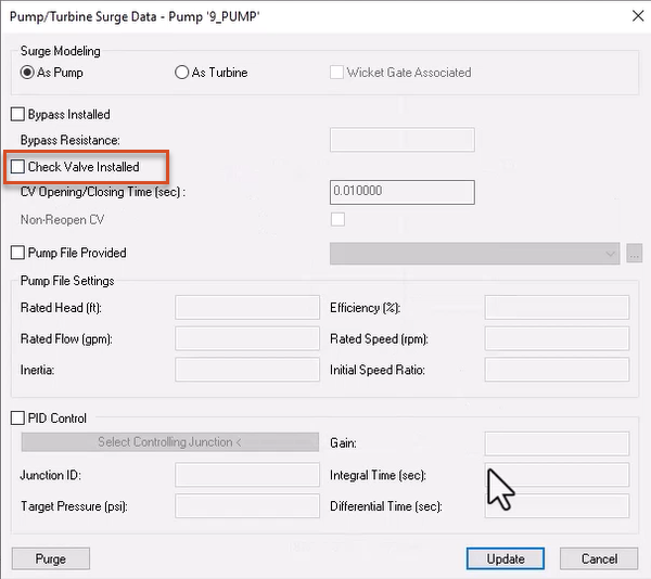 The Pump/Turbine Surge Data dialog box, with the disabled Check Valve Installed option highlighted in red.