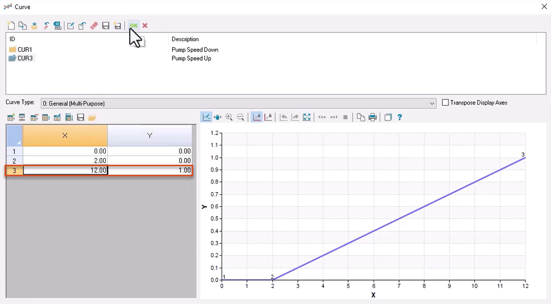 In the Curve dialog box, X and Y values for row three are updated and highlighted in red; and the Curve graph for CUR3 shows a gradual increase to full speed over 10 seconds.