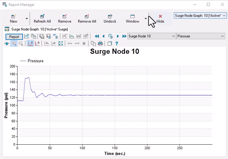 In the updated Report Manager, the pressure profile graph for Junction 10 with a longer startup time shows a reduced transient event, as compared to the initial results with a 1-second startup.