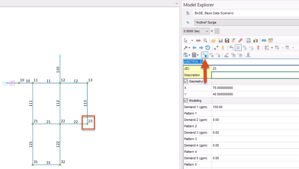 In the model, Junction 23 selected and highlighted in red, and in the Model Explorer, the Demand Change button called out with a red arrow.