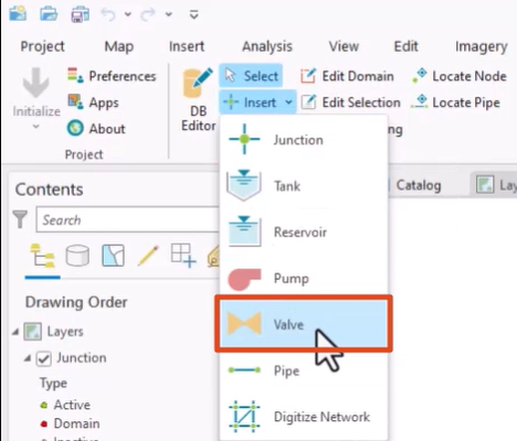 In the Insert drop-down, Valve selected and highlighted in red.