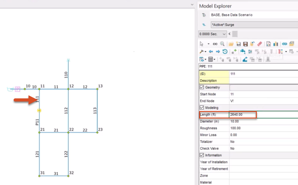 Pipe 111 is called out with a red arrow in the model, and in the Model Explorer, the Length is changed to 2640.00 and highlighted in red.