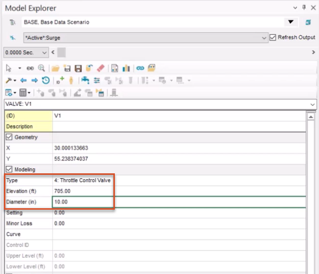 In the Model Explorer, the updated Type, Elevation, and Diameter values for valve V1 highlighted in red.