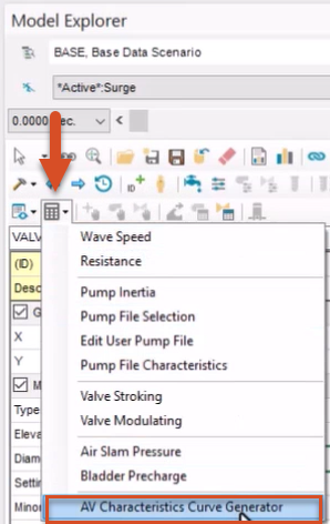 In the Model Explore, the expanded Auxiliary Calculator drop-down, with AV Characteristics Curve Generator selected and highlighted in red.