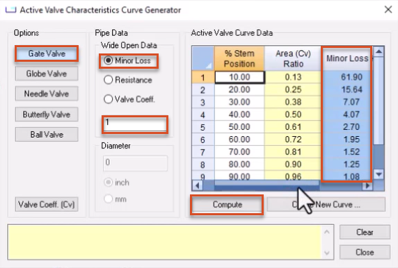 The Active Valve Characteristics Curve Generator dialog box, with settings configured for this example and highlighted in red, and the results in the Minor Loss K column also highlighted in red.