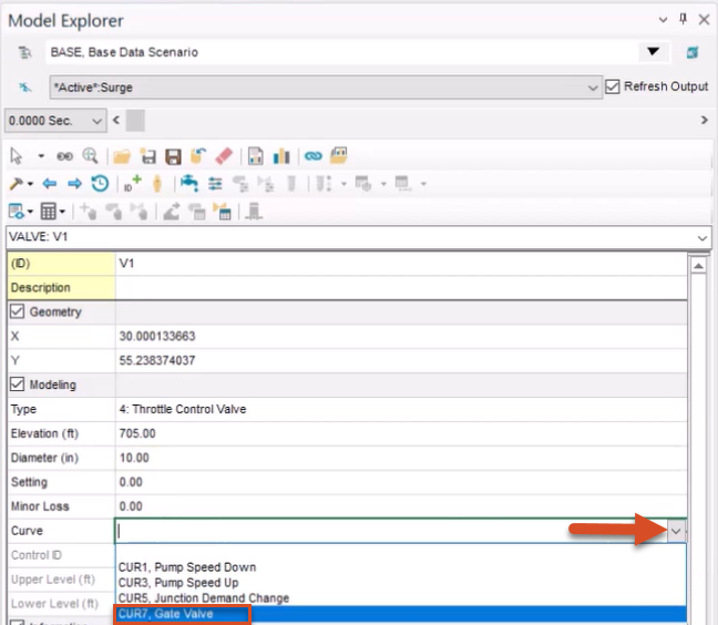 In the Model Explorer for valve V1, the Curve drop-down is expanded, with CUR7, Gate Valve selected and highlighted in red.