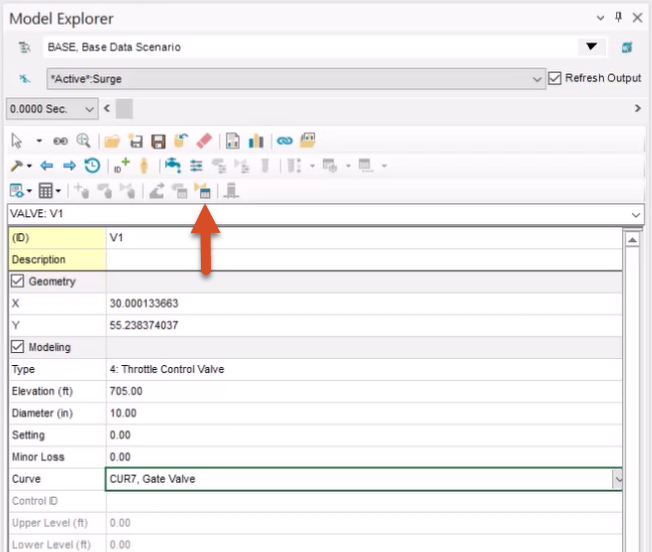 In the Model Explorer for valve V1 and curve CUR7, Gate Valve, the AV (TCV) Surge Data button is called out with a red arrow.