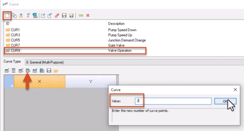 In the Curve dialog box, the selected curve and the Set Rows button highlighted in red, and in the Curve popup, a Value of 3 entered and highlighted in red.