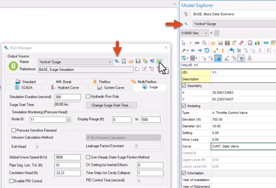 In the Model Explorer, the Run Manager button called out with a red arrow, and in the Run Manager, the Run button also called out.