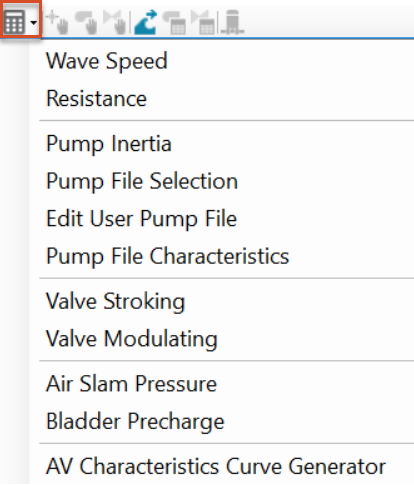 The Model Explorer toolbar, with the Auxiliary Calculators drop-down expanded to display the available calculators.