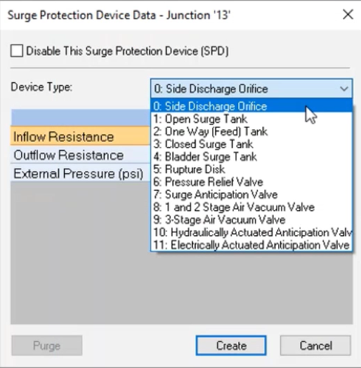 The Surge Protection Device Data dialog box, with the Device Type drop-down expanded, and 0: Side Discharge Orifice selected in the list of available types.