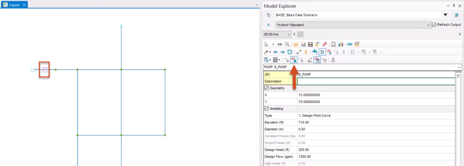 Pump ID 9_PUMP selected and highlighted in red in the model, and in the Model Explorer toolbar, Pump Operation Change called out with a red arrow.