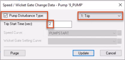 The Speed/Wicket Change Data dialog box, with the settings for this example configured and highlighted in red.