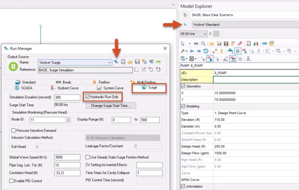 In the Model Explorer, the Run Manager button called out with a red arrow, and in the Run Manager, the Run button called out, with Hydraulic Run Only and the Surge tab highlighted in red.