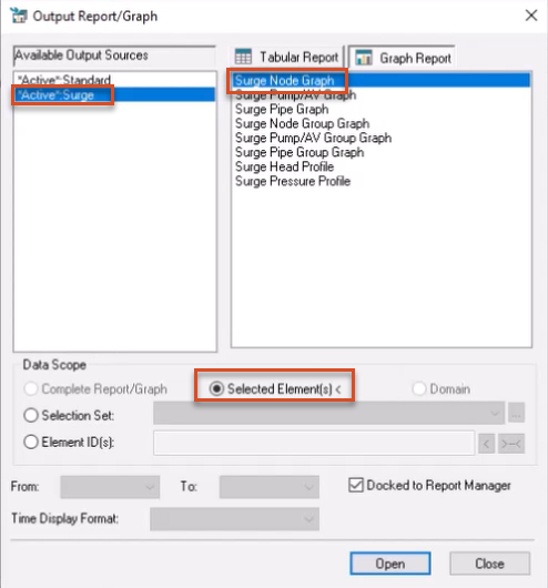 The Output Report/Graph dialog box, with *Active*.Surge and Surge Node Graph selected and highlighted in red, and under Data Scope, Selected Element(s) enabled and highlighted.