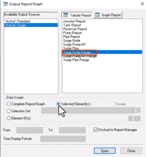 The Output Report/Graph dialog box, Tabular Report tab, with Surge Node Range selected and highlighted in red.