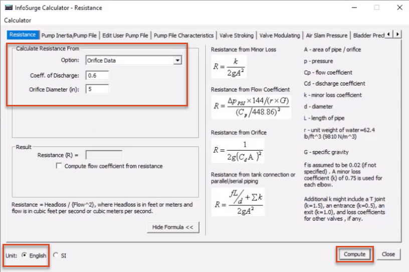 The InfoSurge Calculator – Resistance dialog box, with the settings for this example configured and highlighted in red.