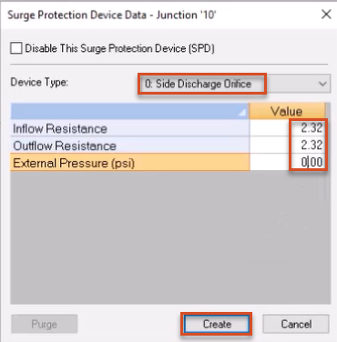 The Surge Protection Device Data dialog box for Junction 10, with settings for this example configured and highlighted in red.