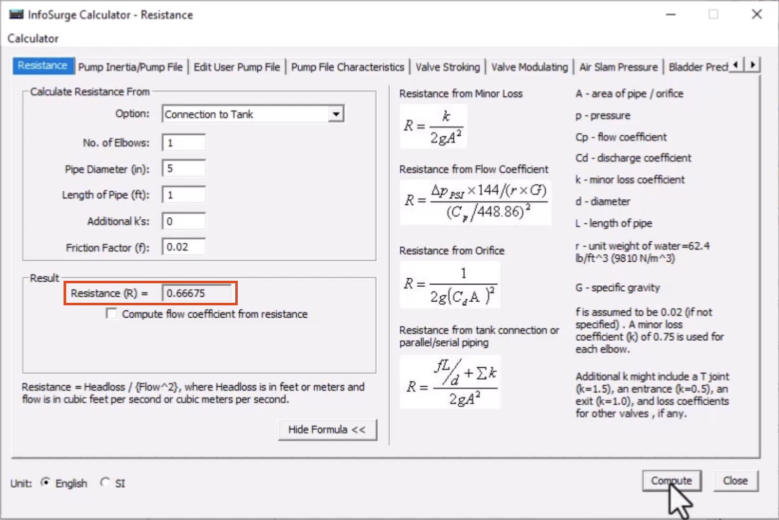 The InfoSurge Calculator – Resistance dialog box, with the settings for this example configured, Compute selected, and the calculated R value highlighted in red.